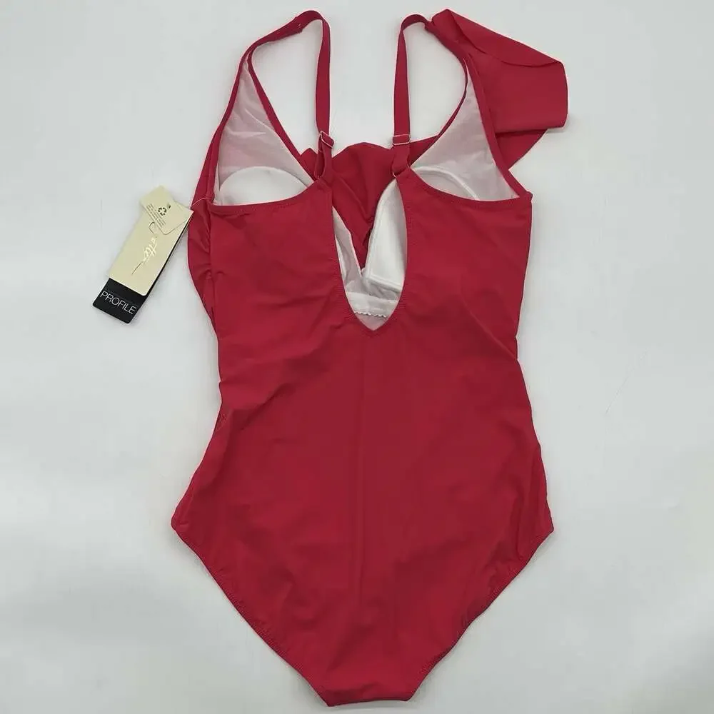 Profile by Gottex Tutti Frutti Size 14 Red Rose V-Neck Ruffle One Piece Swimsuit